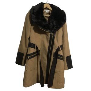 Via Spiga Women's Kate Mid-Length Belted Wool  Zip Front Coat with Fur Sz.10